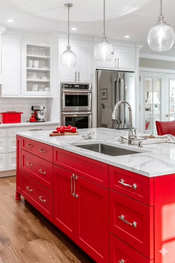 Red shaker cabinet kitchen island with custom MDF doors