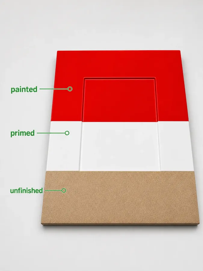 MDF cabinet door shown in three finish levels — painted, primed, and unfinished